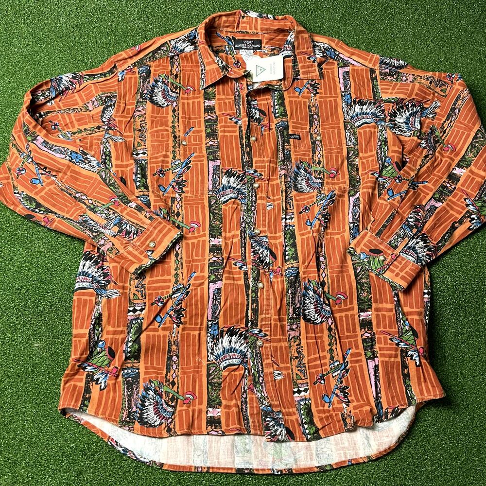 Vintage 90s Georges Marciano Guess Orange Indian Head Chief Button Up Shirt Sz M